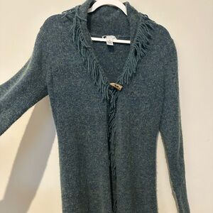 Carole Little Cardigan Women's L Long Knit Sweater One Button Fringe Blue Green